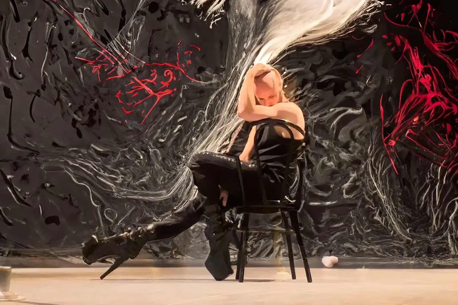 Uma pessoa artista de corset preto e salto alto sentada numa cadeira, cabelo ao vento, diante de um fundo pintado de preto e vermelho