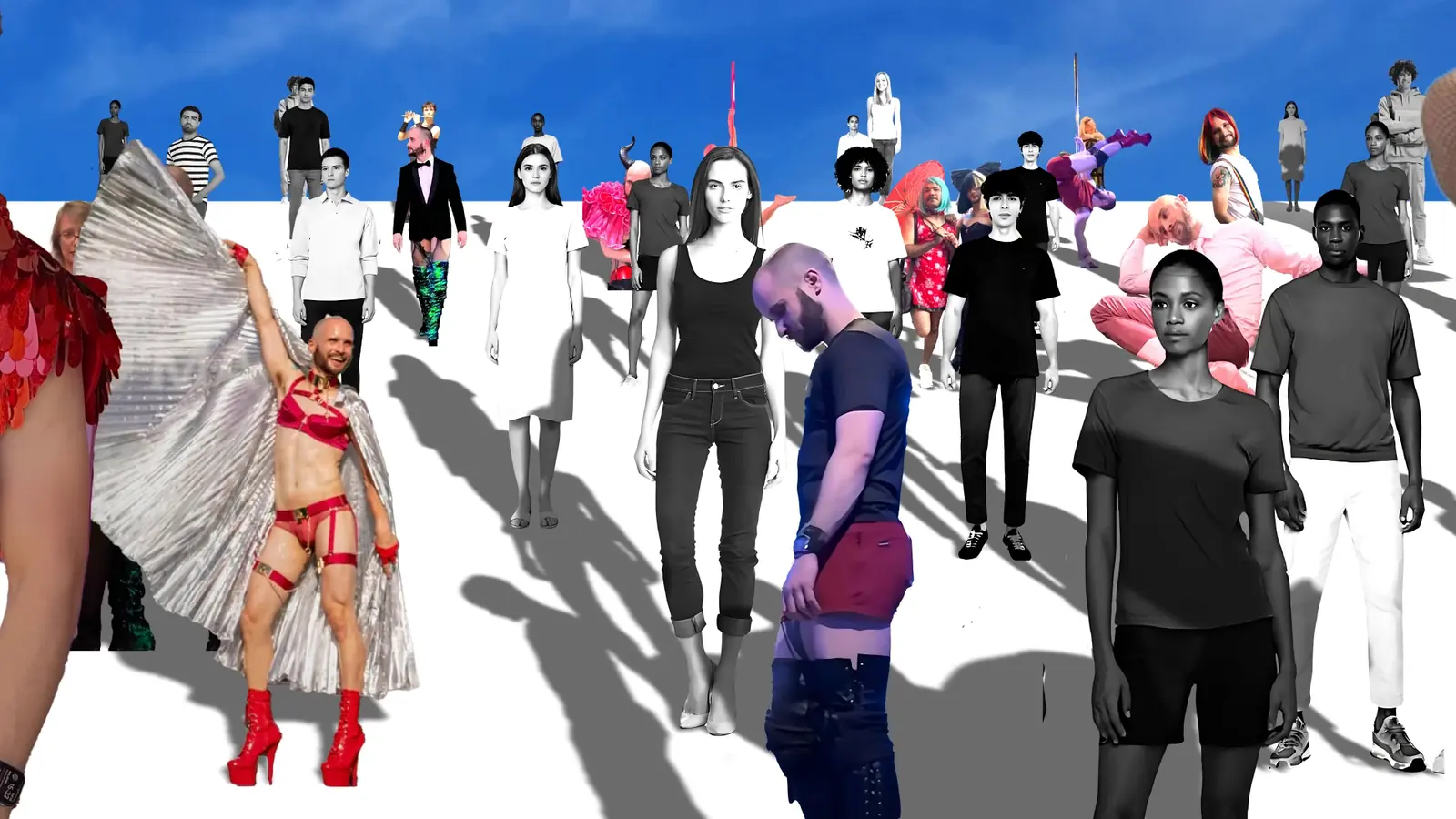 Colourful versions of Augusto, in a red harness and wings, walking through a crowd of grey, monochrome figures