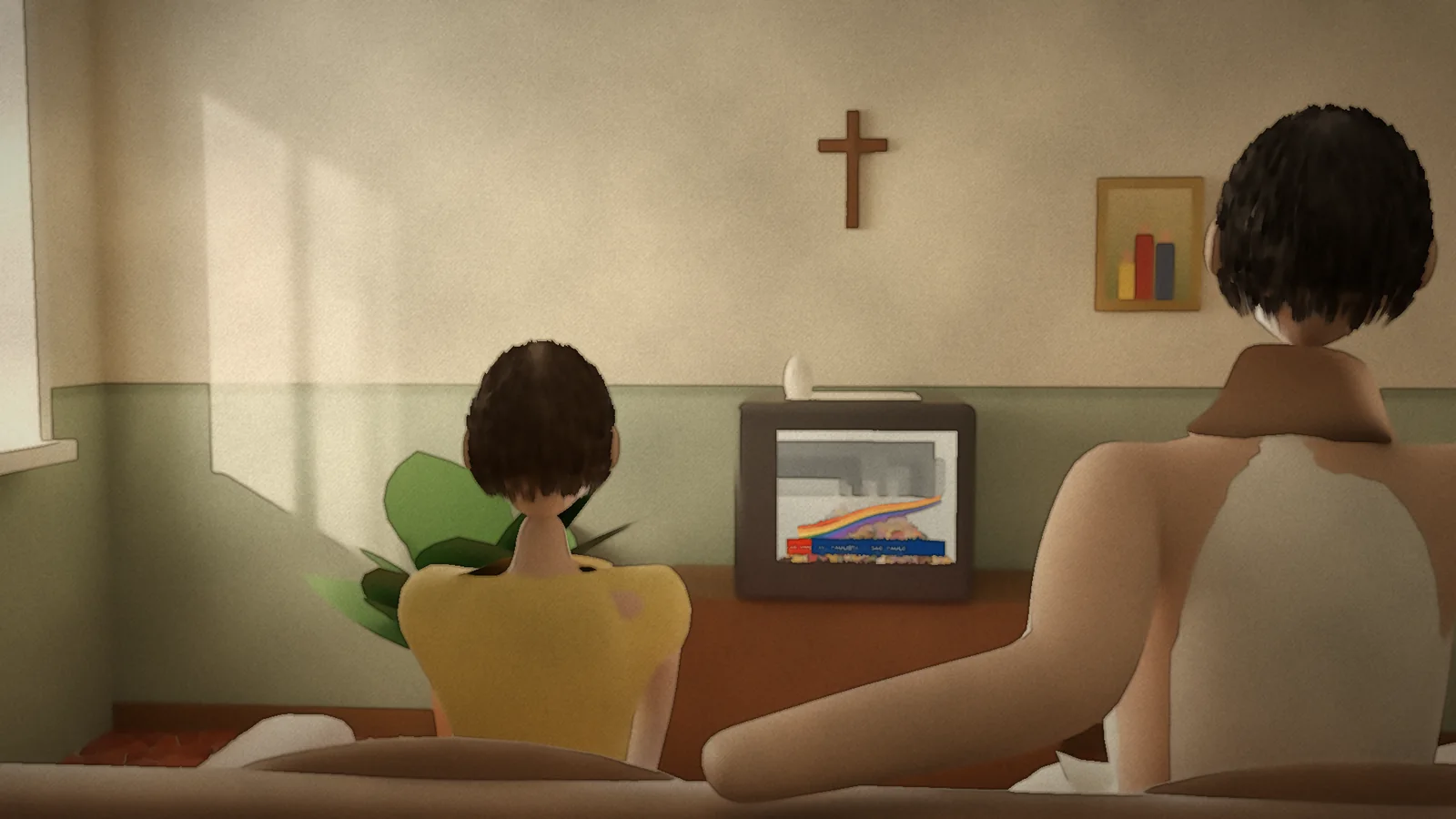 Uma sala de estar pintada, em 1997: duas pessoas no sofá, vistas de costas, assistindo a uma transmissão da Parada numa TV antiga, embaixo de um crucifixo
