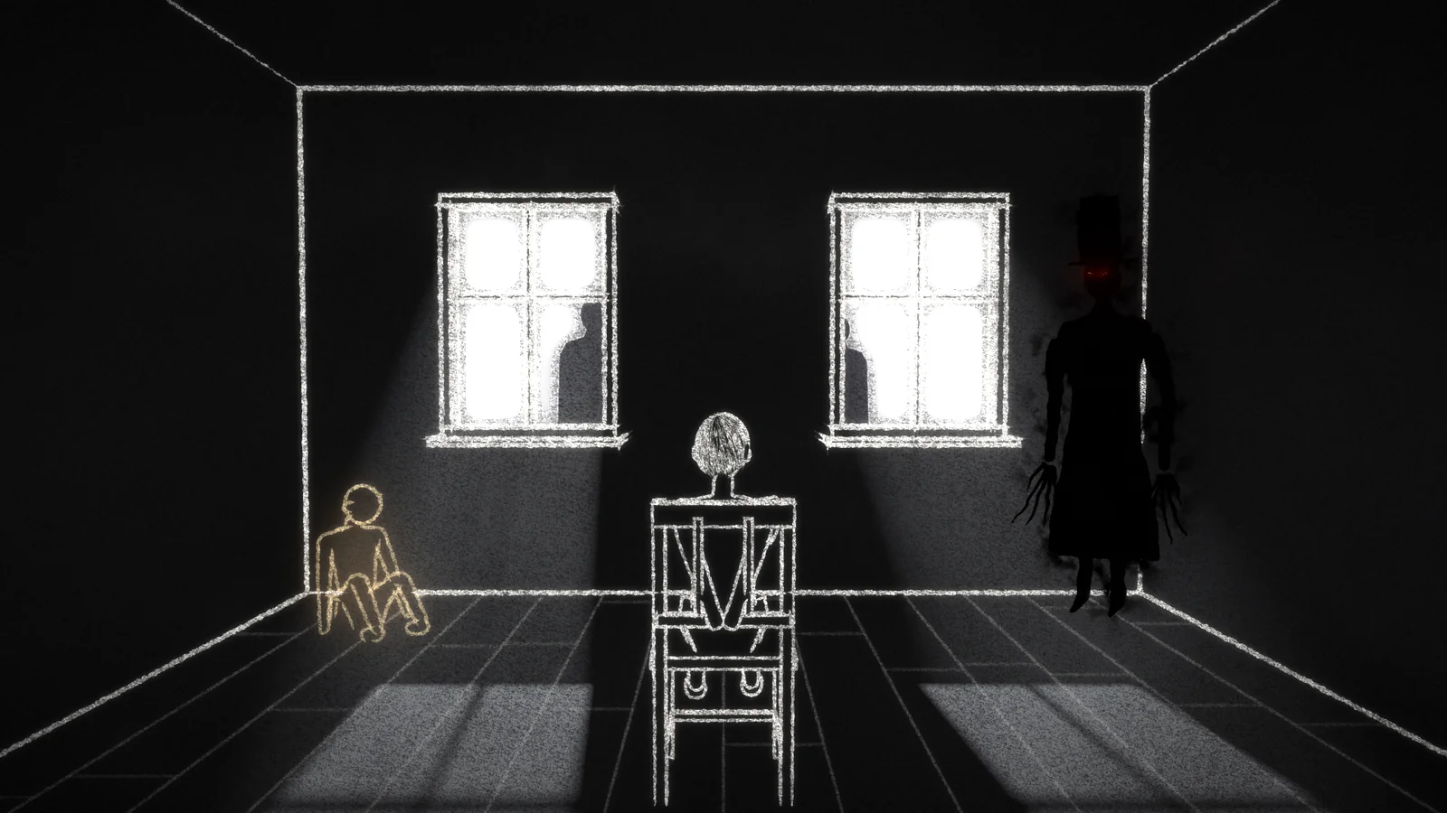 Um quarto desenhado a giz sobre preto: um menino amarrado a uma cadeira entre duas janelas iluminadas, uma criança dourada e apagada num canto e uma sombra alta de olhos vermelhos no outro