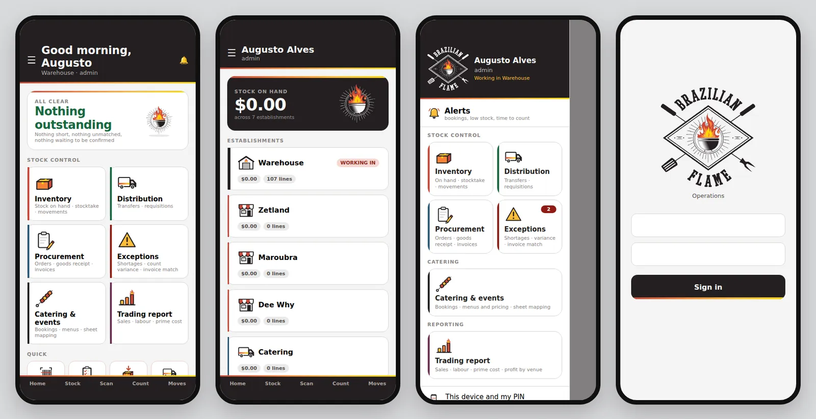 Illustrated phone screens for the Brazilian Flame operations app: home, stock, alerts and sign-in