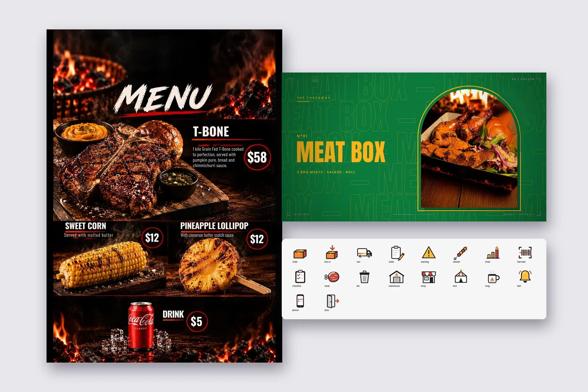 Um painel de cardápio em grande formato, uma cartela de cardápio do filme de marca e um conjunto de ícones próprios