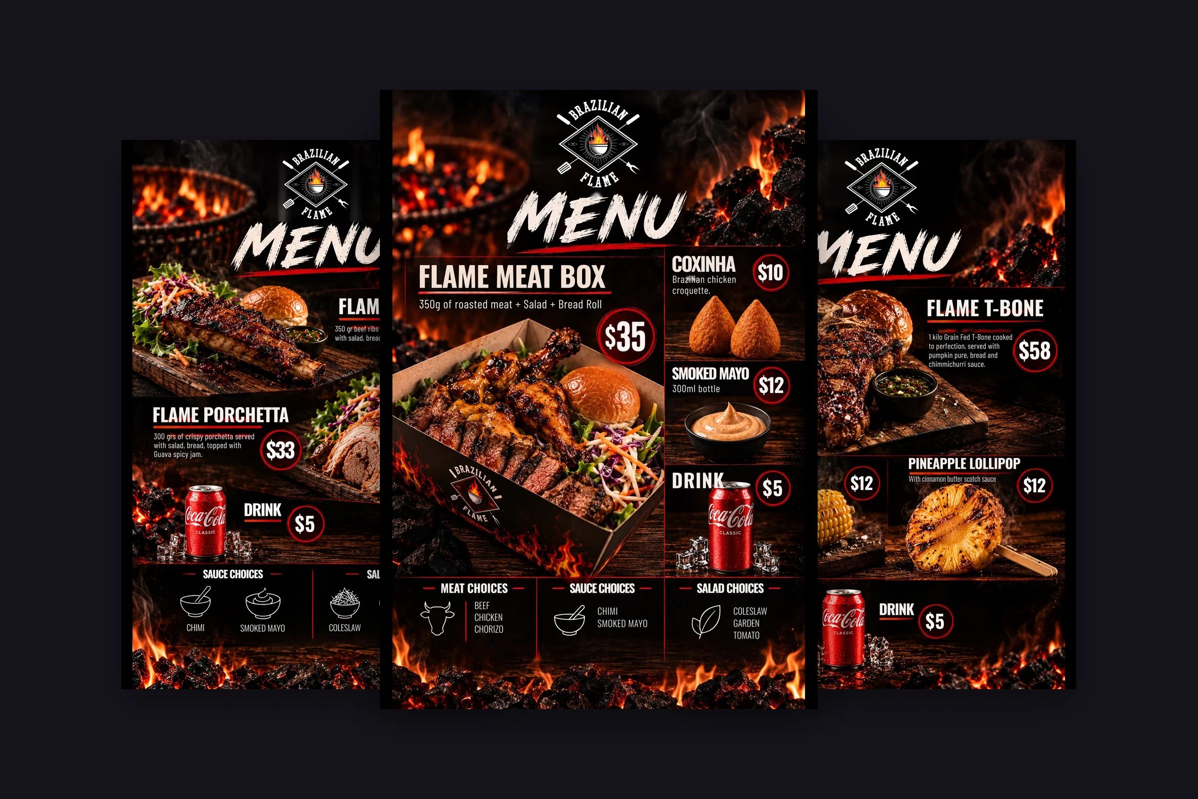 Three A0 menu boards for Brazilian Flame festival stalls