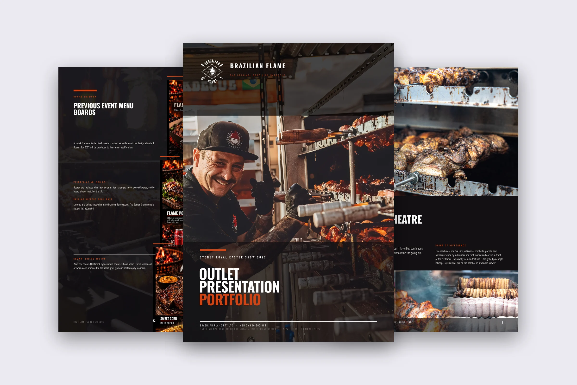 Three pages of the Brazilian Flame outlet presentation portfolio: menu boards, the cover and the cooking theatre