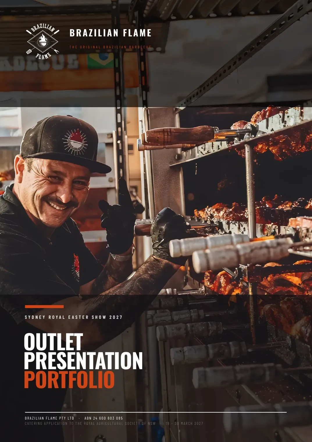 Pages from the Brazilian Flame outlet presentation portfolio: the cover, the cooking theatre and the menu boards