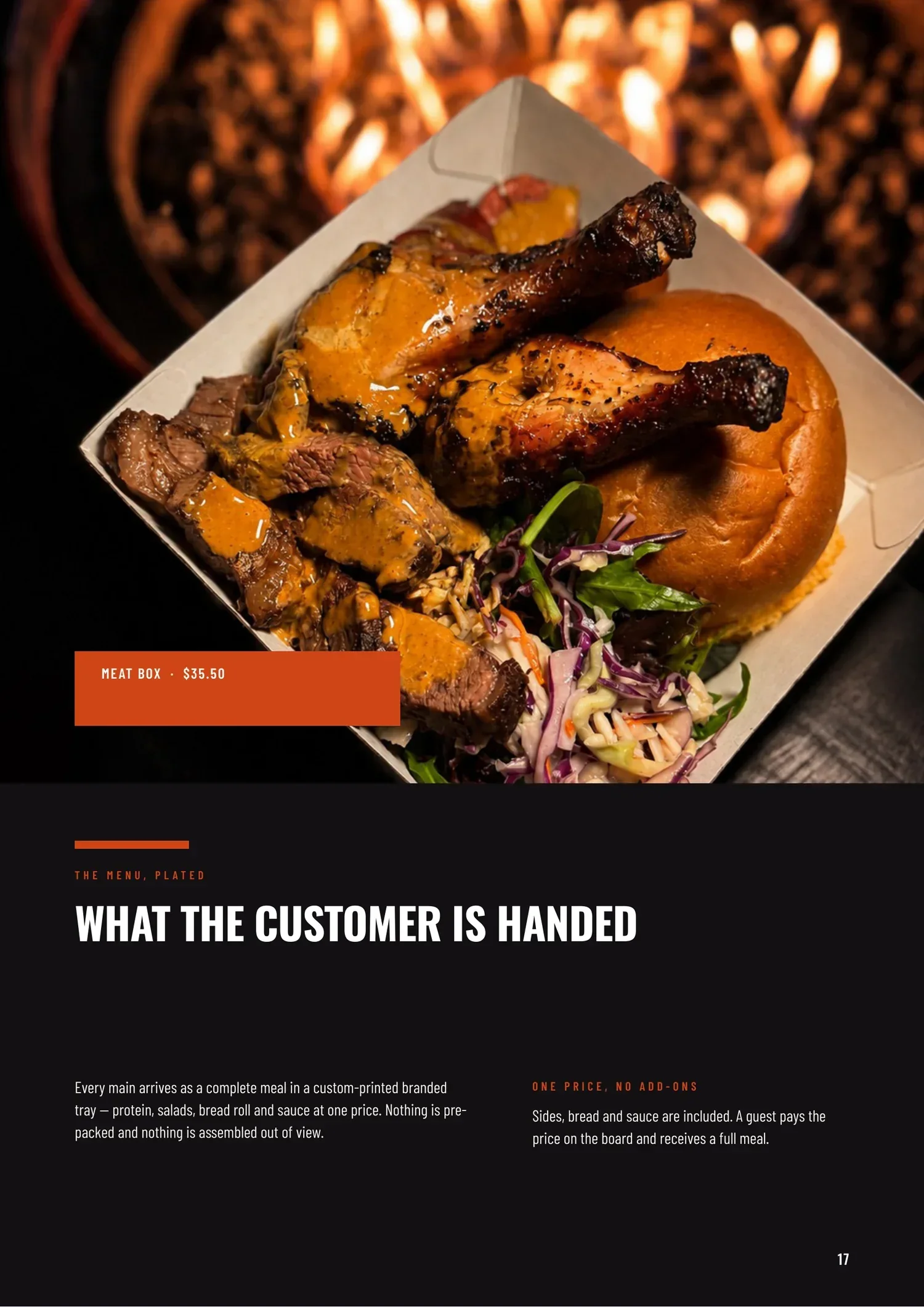 Proposal page showing a plated meat box