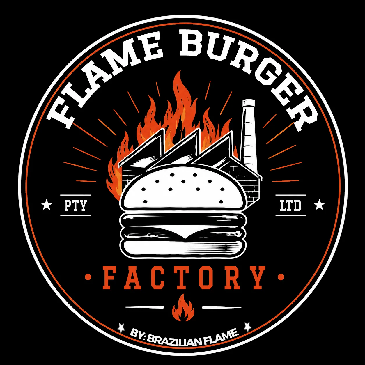 Flame Burger Factory badge logo: a burger in front of a factory with flames