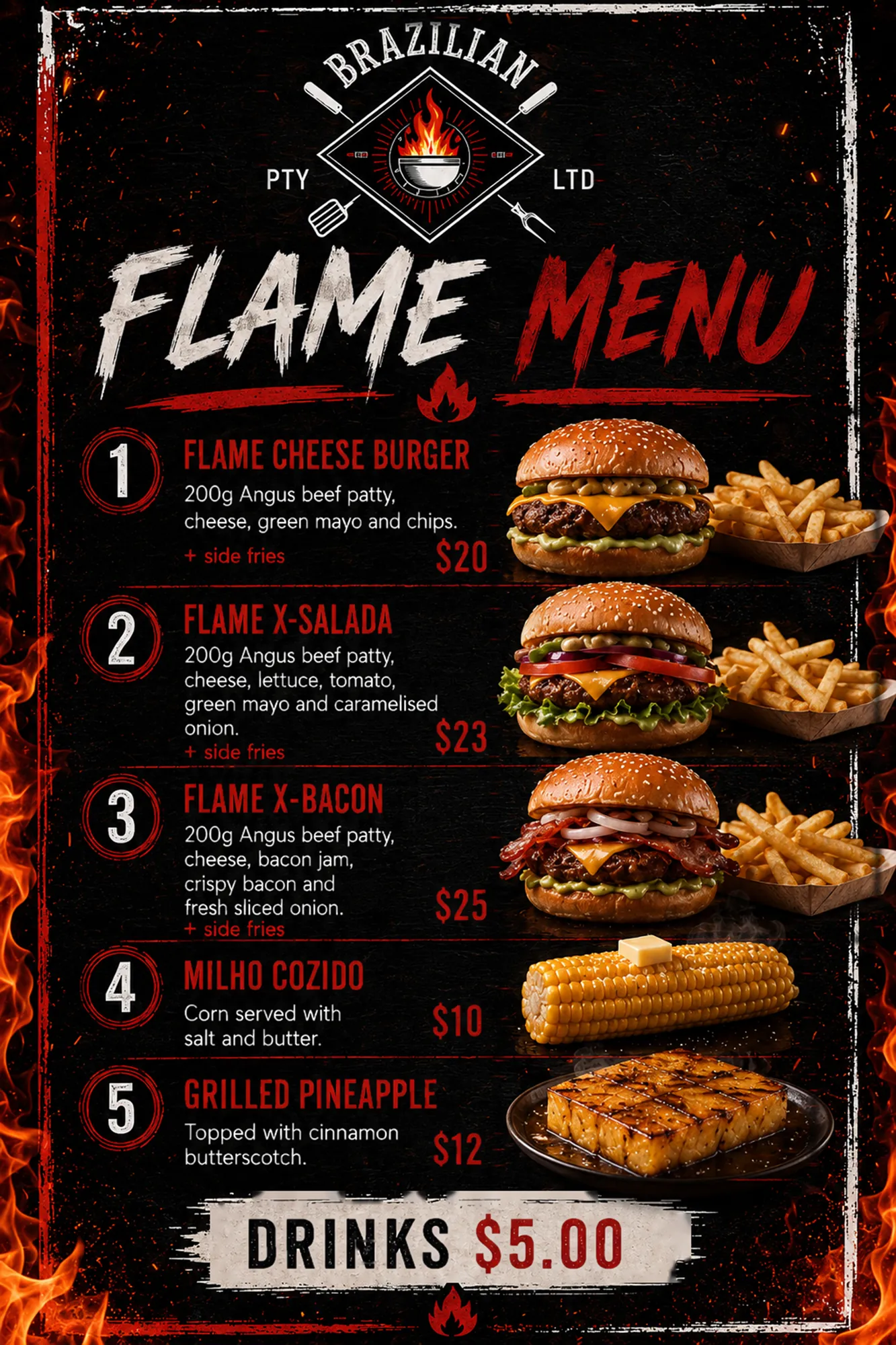 Flame Menu board listing the burger range with prices