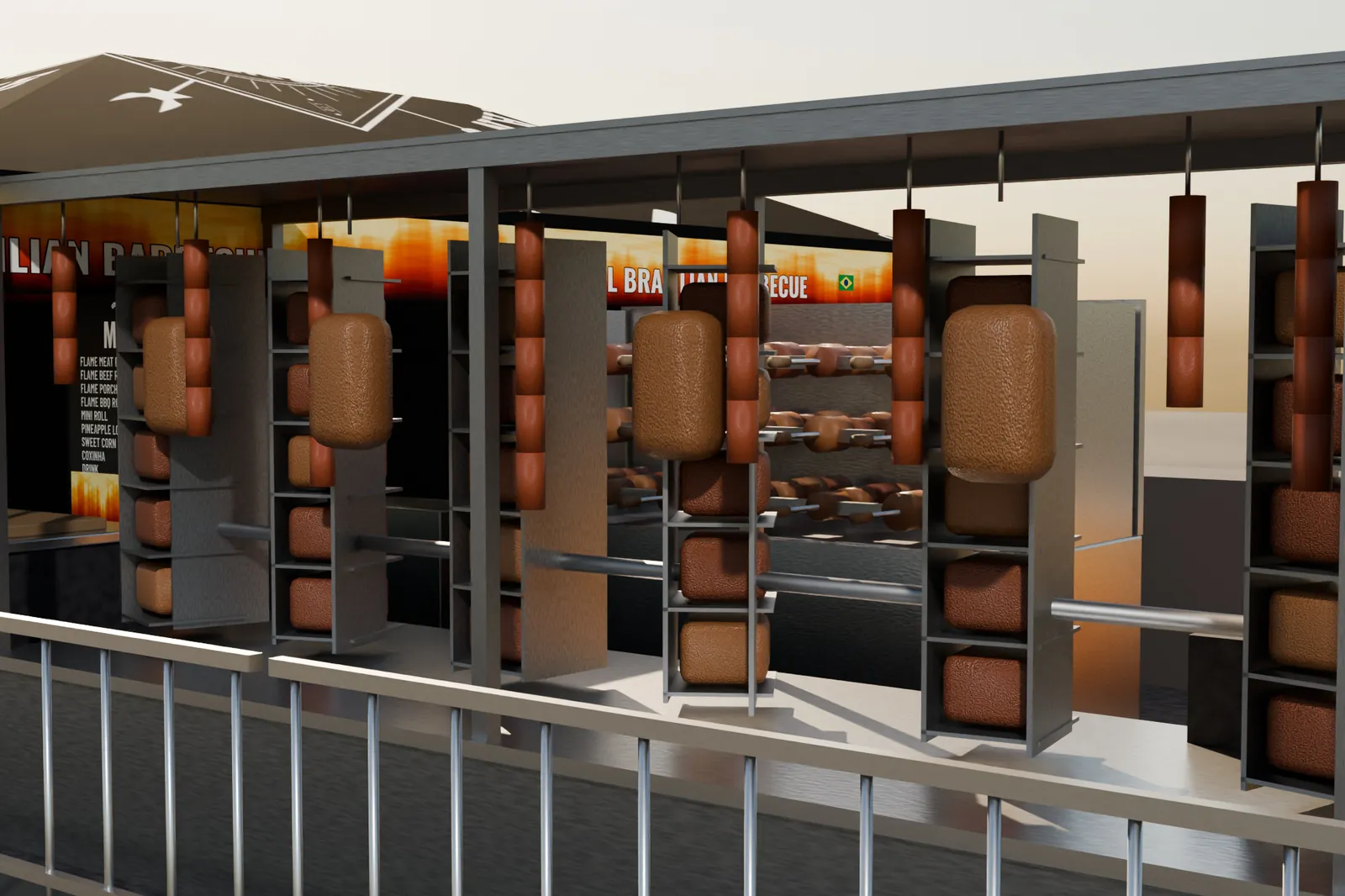 3D render detail of the cooking line with hanging cuts and rotating cradles