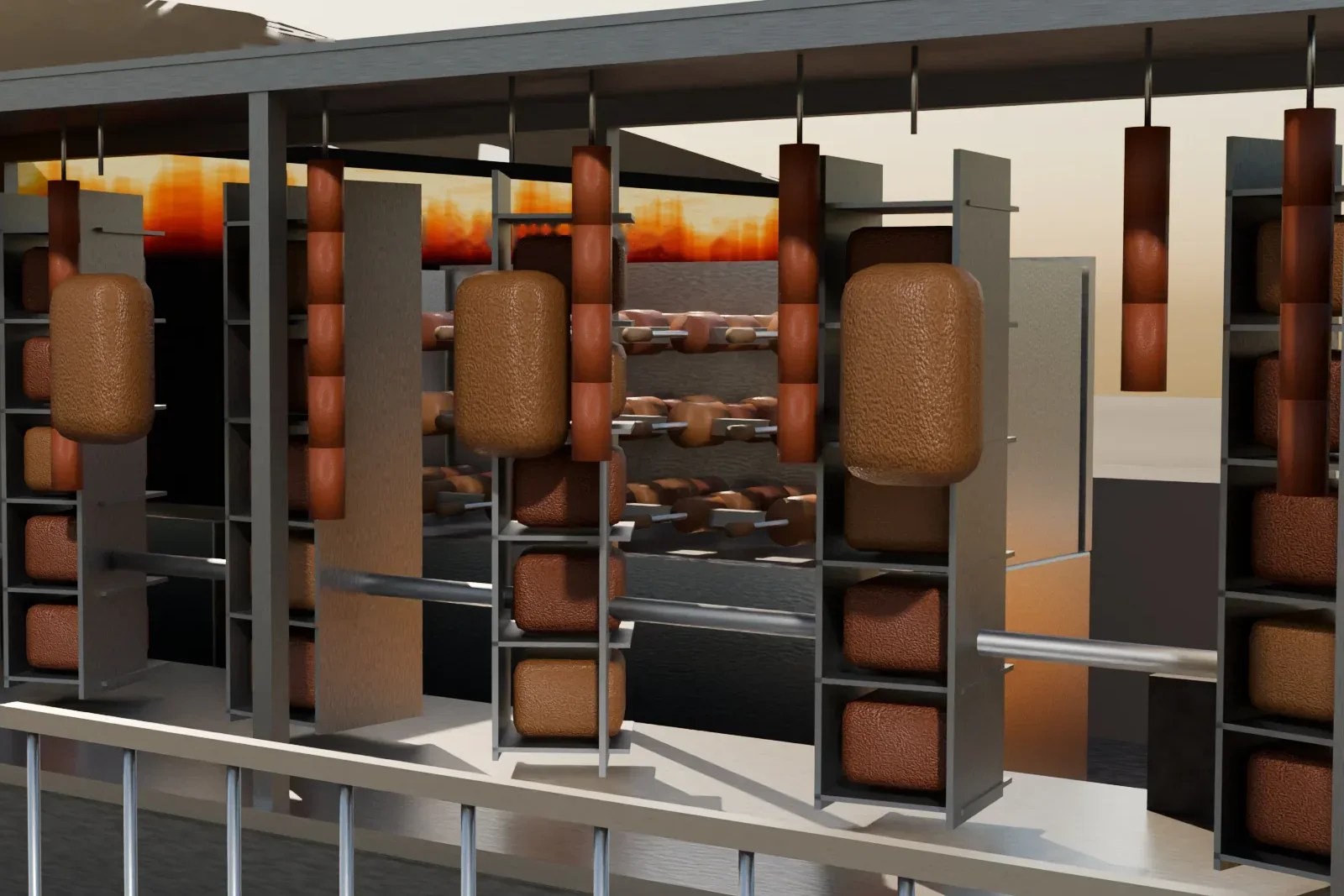3D render detail of the outlet cooking line with hanging cuts and rotating cradles