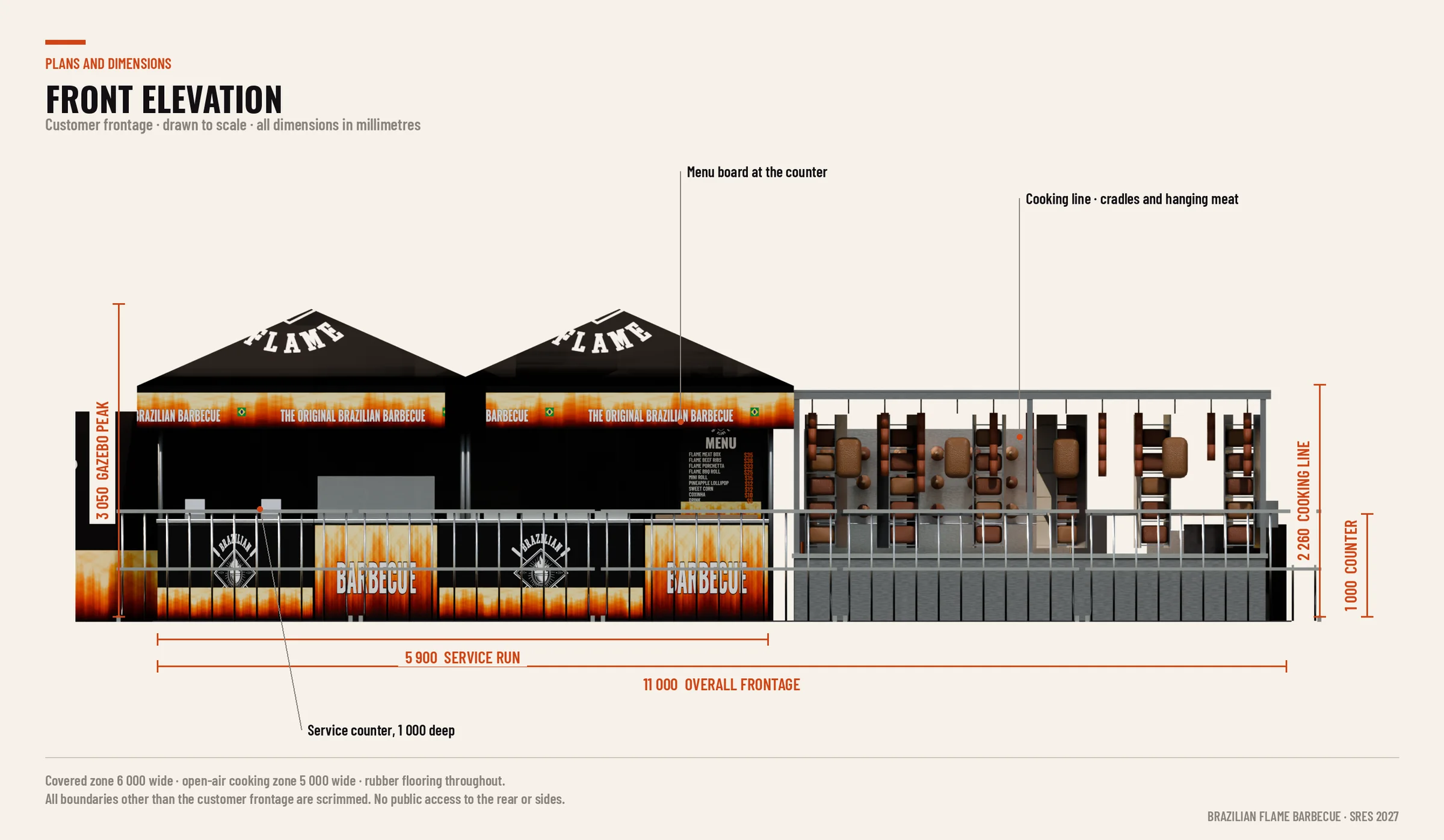 Dimensioned front elevation drawing of the festival outlet