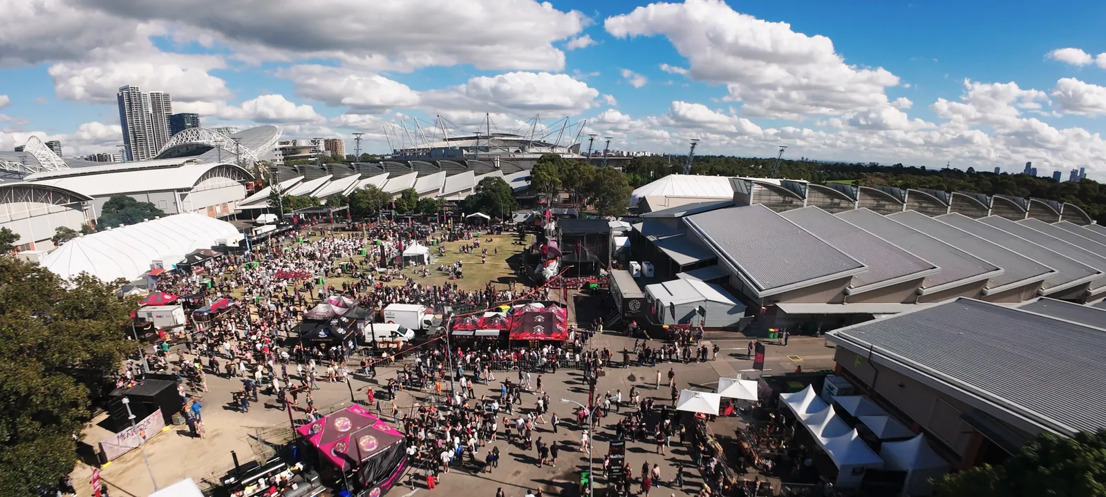 Aerial view of the Meatstock festival crowd and stalls