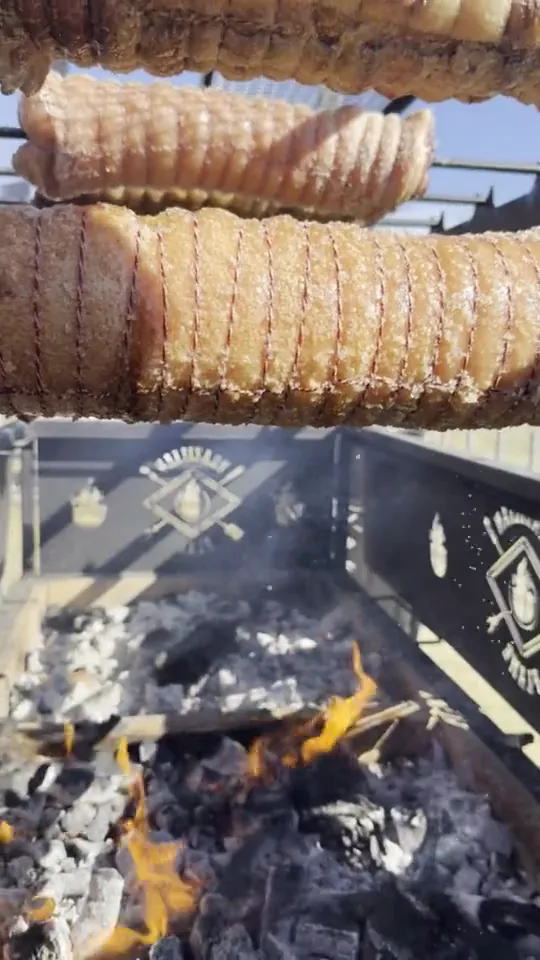 Cuts of meat turning over charcoal at a Brazilian Flame festival stall