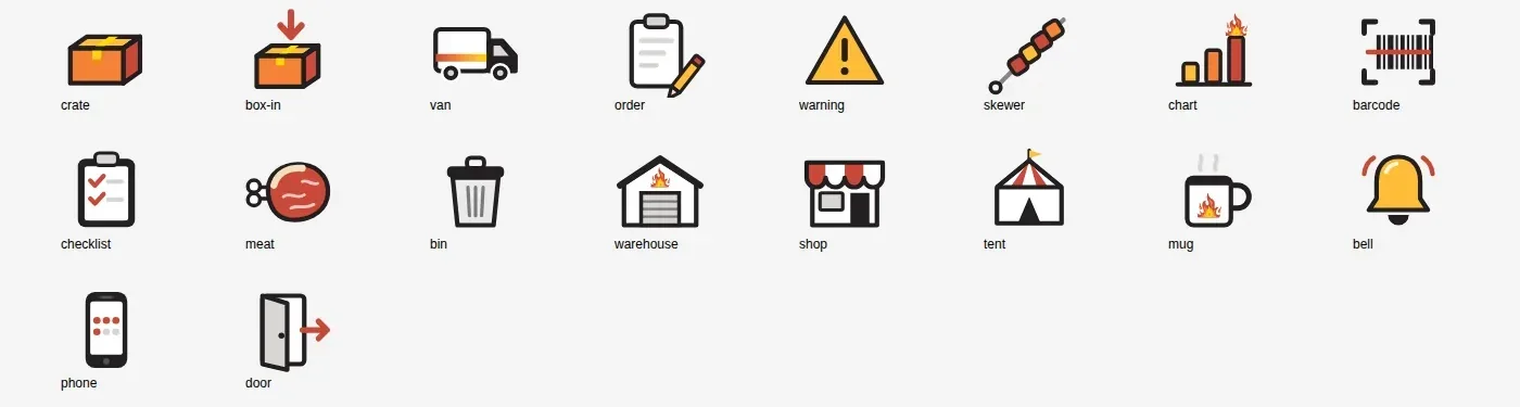 A set of custom illustrated icons: crates, deliveries, orders, warnings, skewers and more