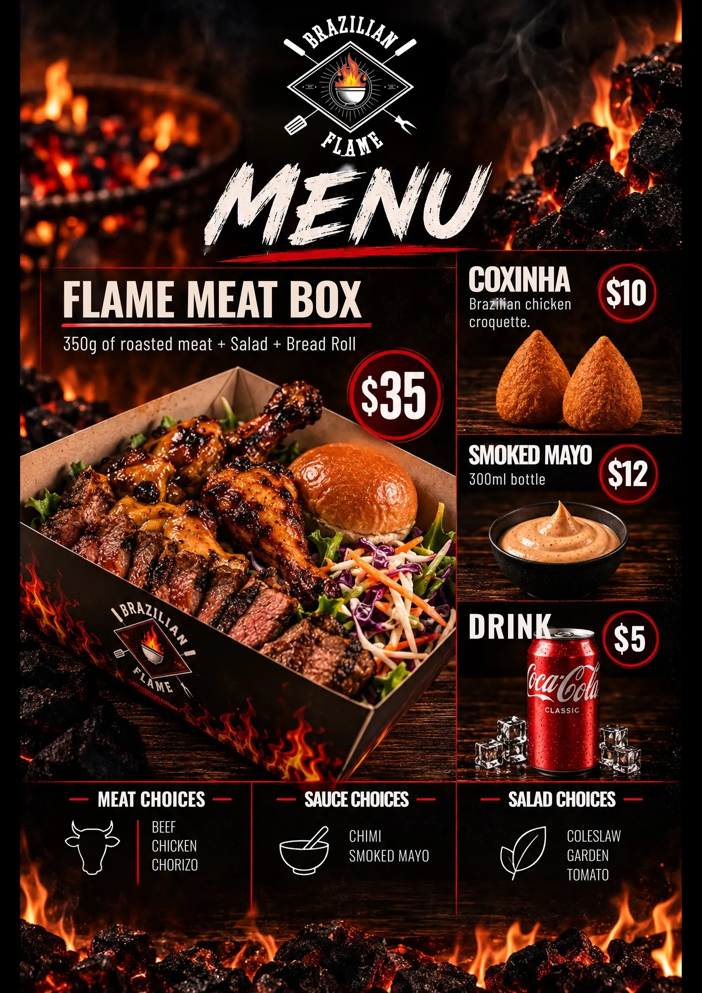 Three A0 menu boards for Brazilian Flame festival stalls: Meat Box, Ribs and Porchetta, and T-Bone