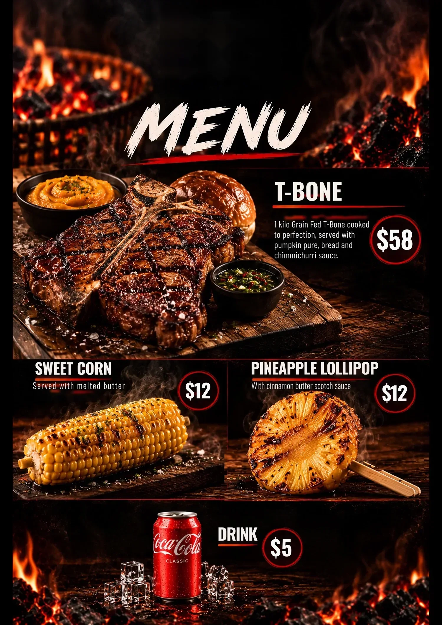 A0 menu board for a T-bone, sweet corn and a pineapple lollipop