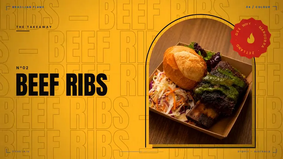 Animated menu cards for the Meat Box, Beef Ribs, Porchetta and Pineapple from the Brazilian Flame brand film