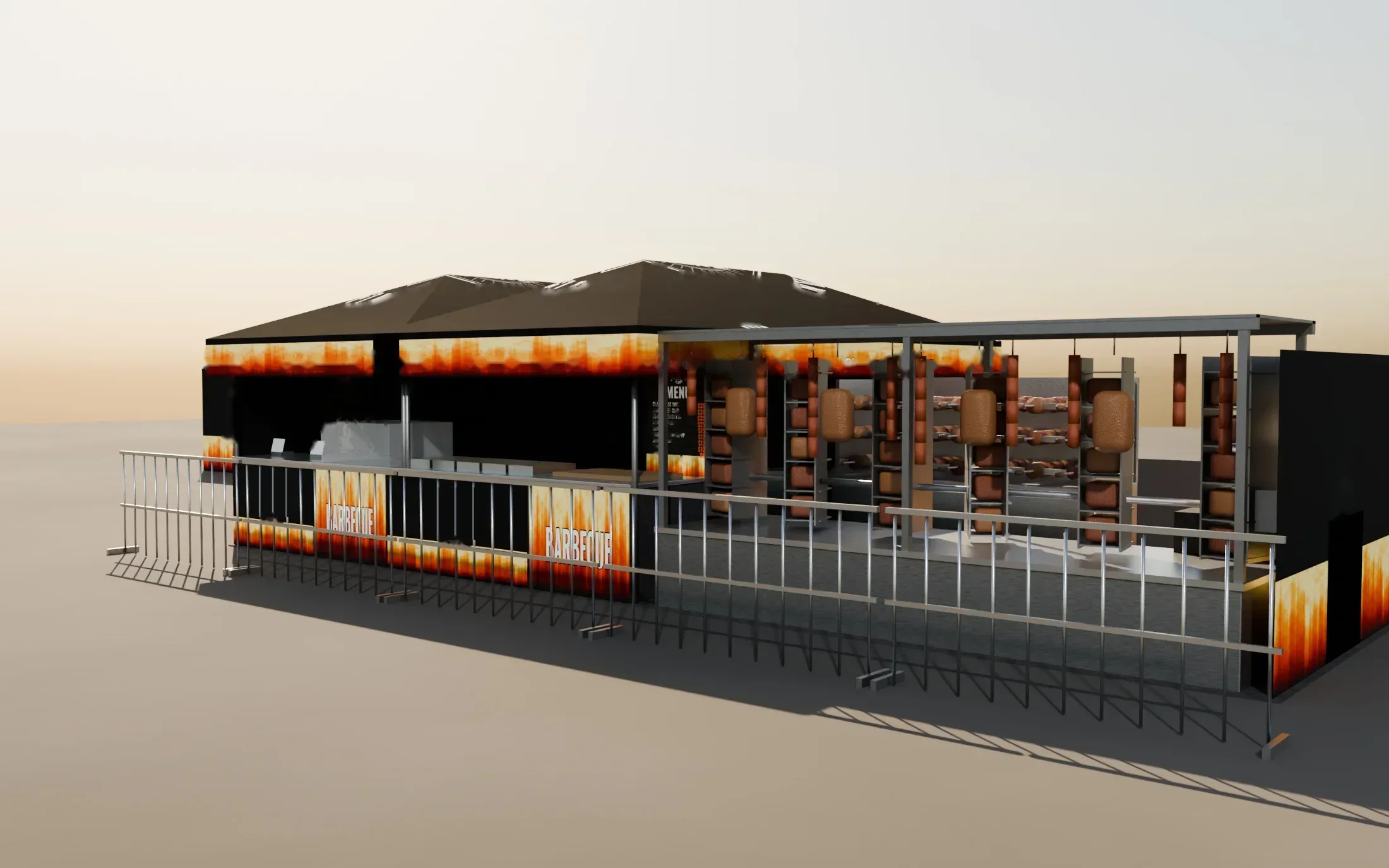 3D render of a festival food outlet in daylight, with fire panels along the counters and an open cooking line