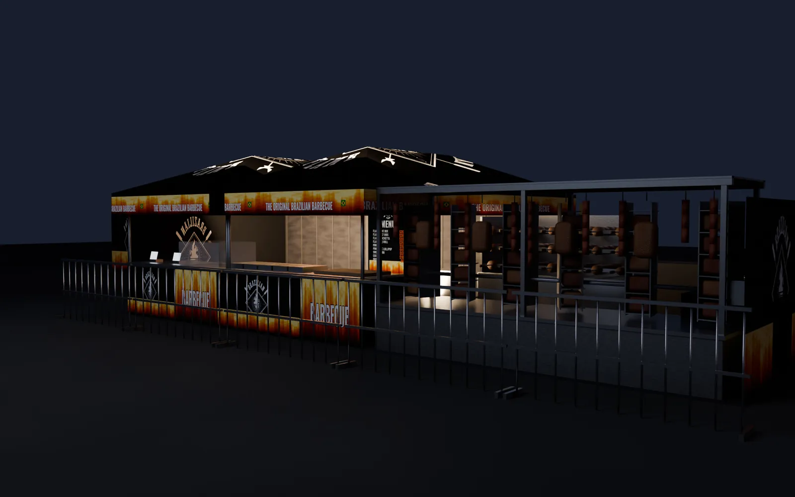 3D render of the Brazilian Flame outlet at dusk, with glowing fire panels along the counters