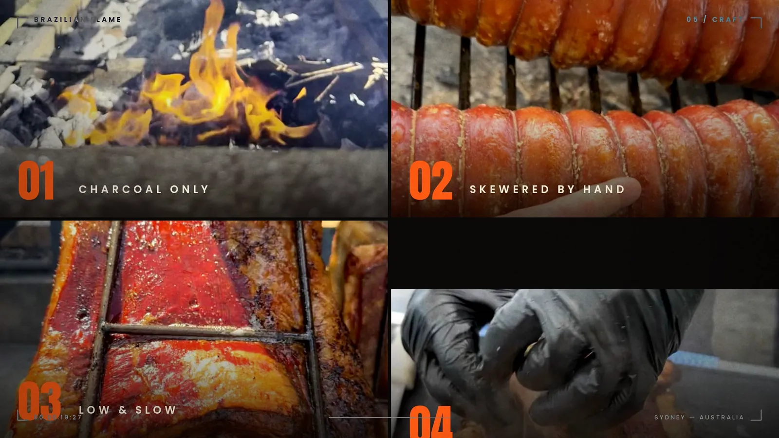 Four panels from the Brazilian Flame brand film: charcoal, hand-skewered cuts, slow roasting and carving to order