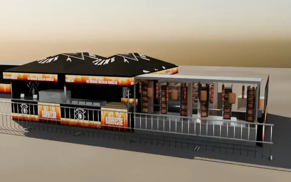A 3D model of the Brazilian Flame festival outlet turning slowly: black gazebos, fire valance and the open cooking line