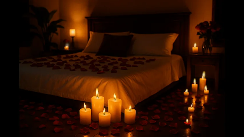 Fundo de palco com uma cama cercada de velas e pétalas de rosa