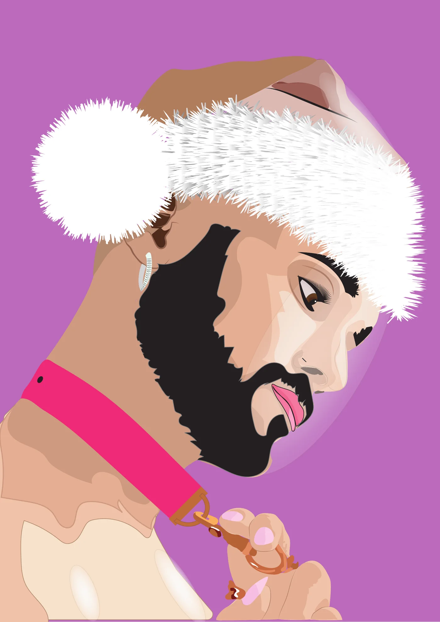 Pôster de autorretrato vetorial de Augusto, de barba, com chapéu branco de pelúcia e gola rosa sobre fundo roxo