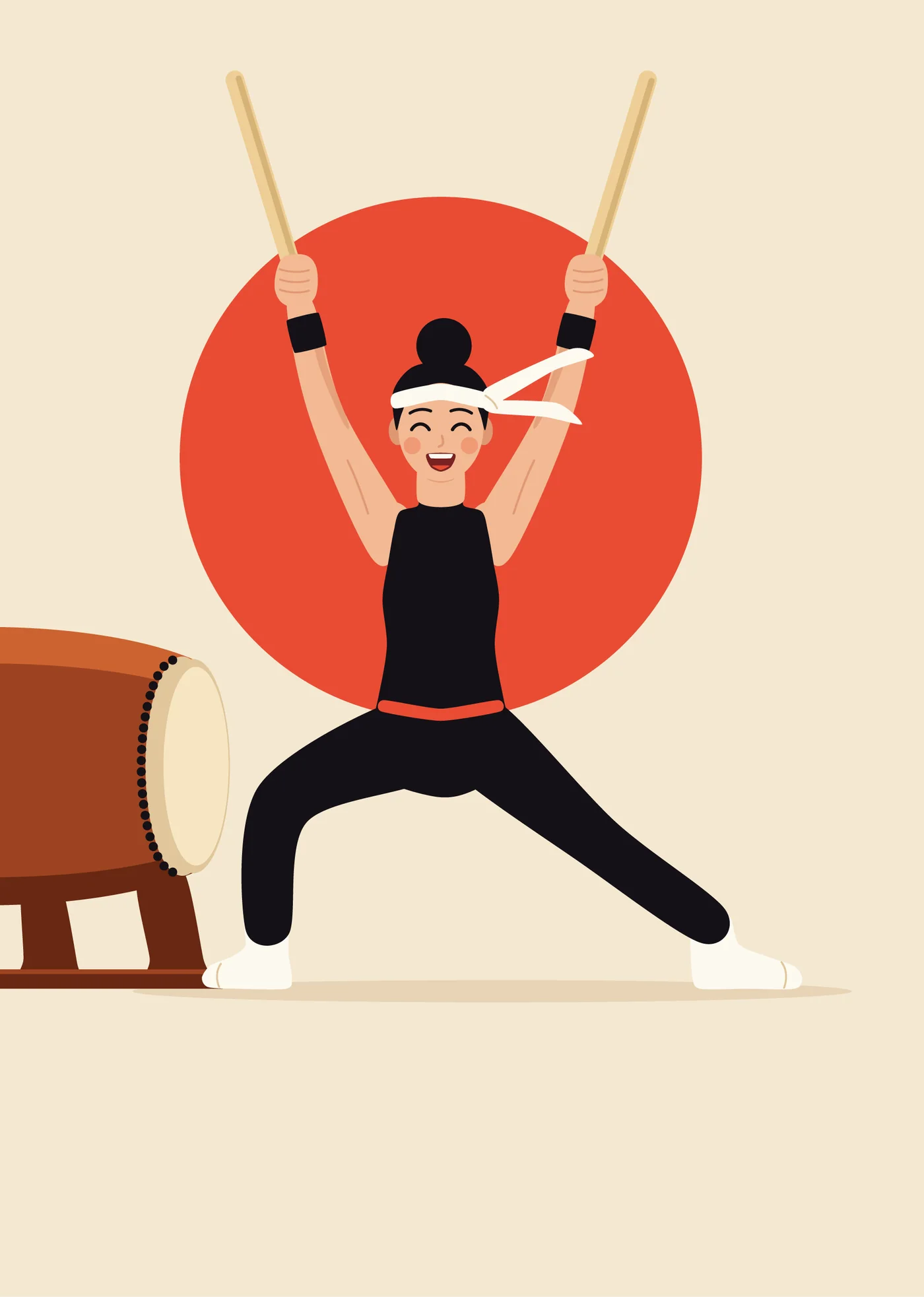 Ilustração em cores chapadas de um tocador de taiko com as baquetas levantadas