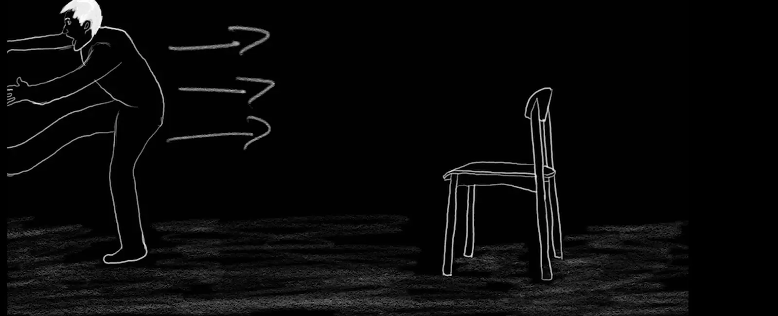 A white line drawing of a figure running beside an empty chair on a black background