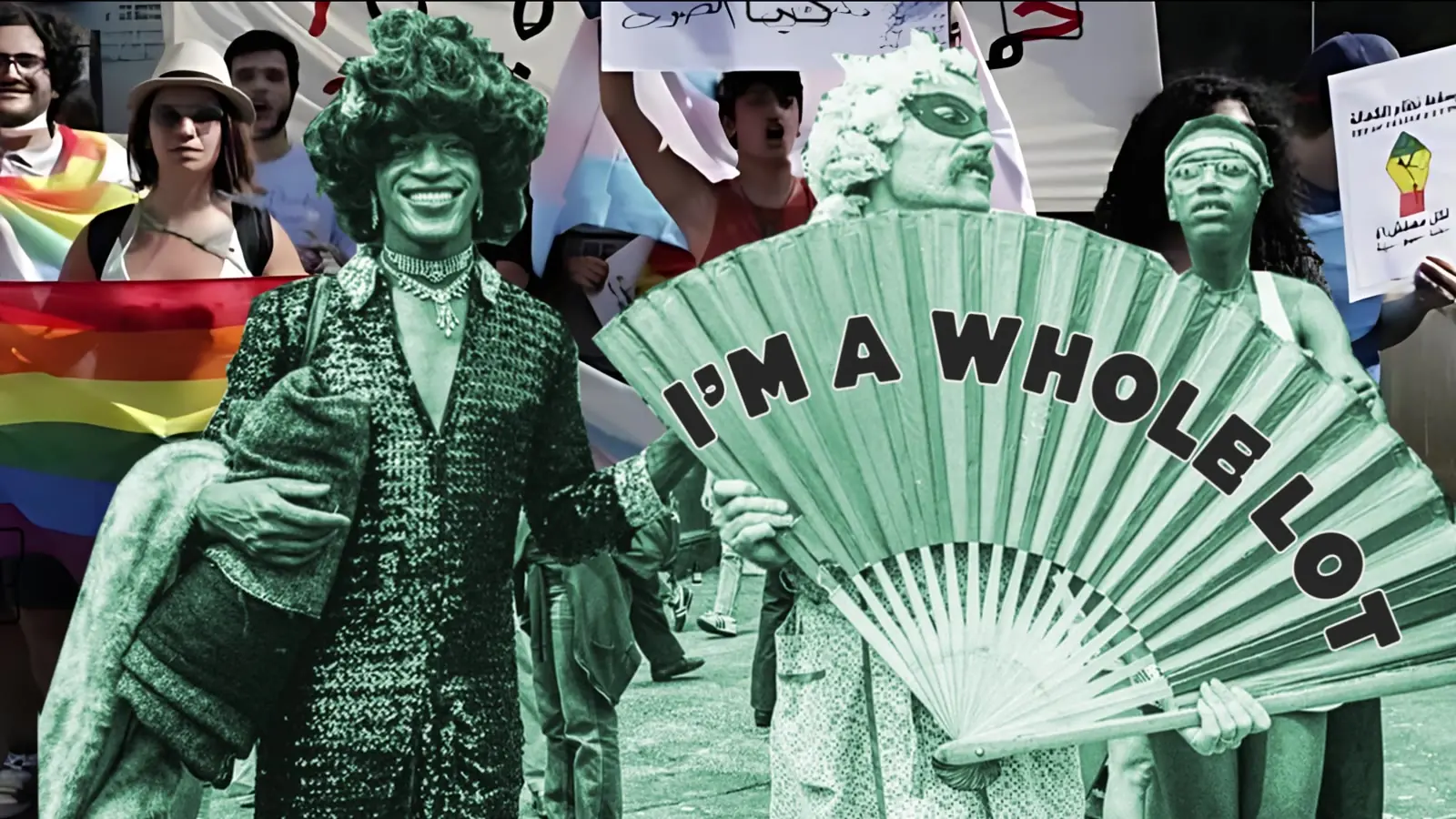 A collage of people at a pride march holding a fan that says I am a whole lot
