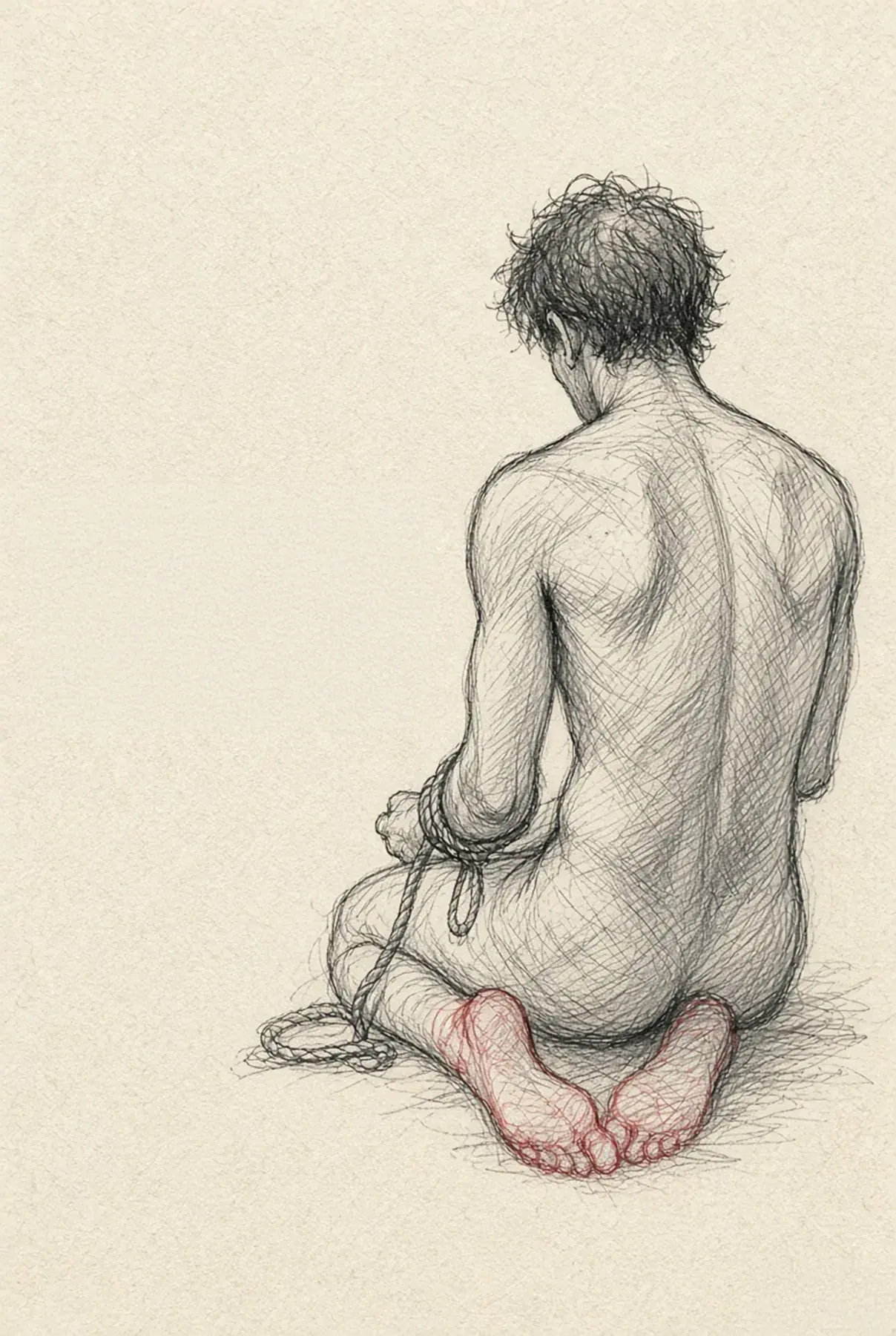 Dibujo a lápiz de un hombre arrodillado, visto de espaldas, sosteniendo una cuerda