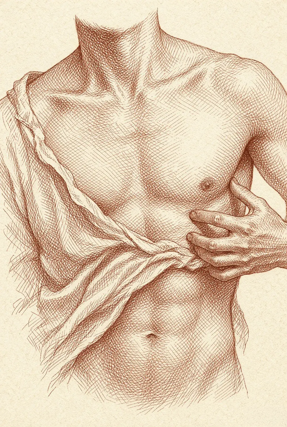 Dibujo a lápiz rojo de un hombre levantándose la camisa