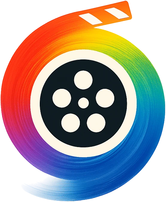 O logo da GusPalette: um rolo de filme preto dentro de uma espiral de pincelada arco-íris, com uma faixa de claquete por cima