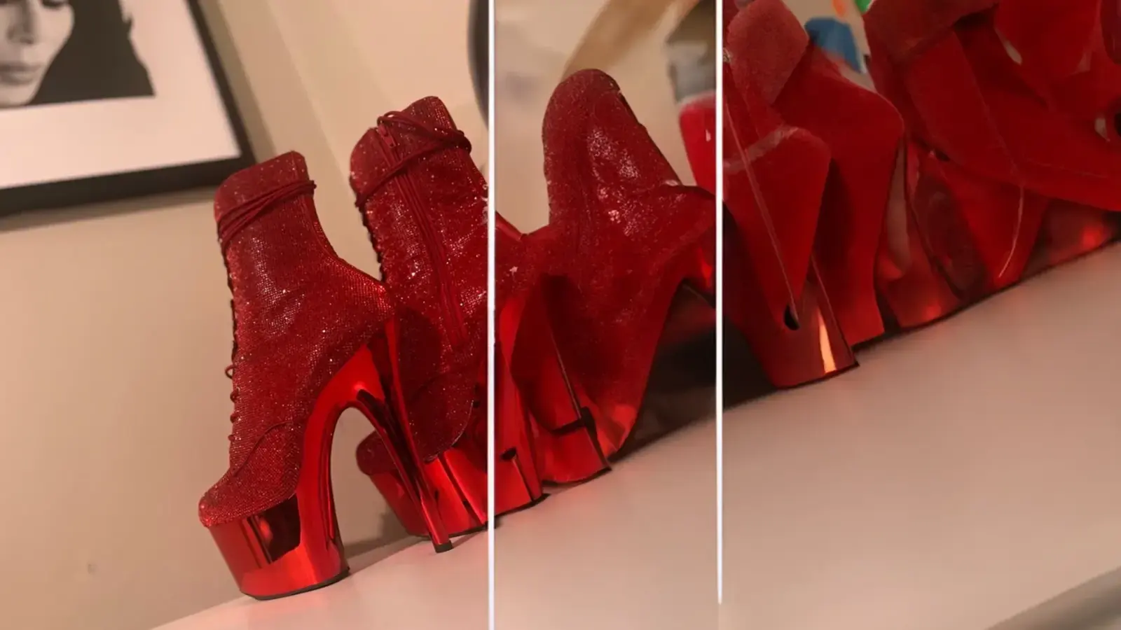 Filas de tacones de plataforma rojos