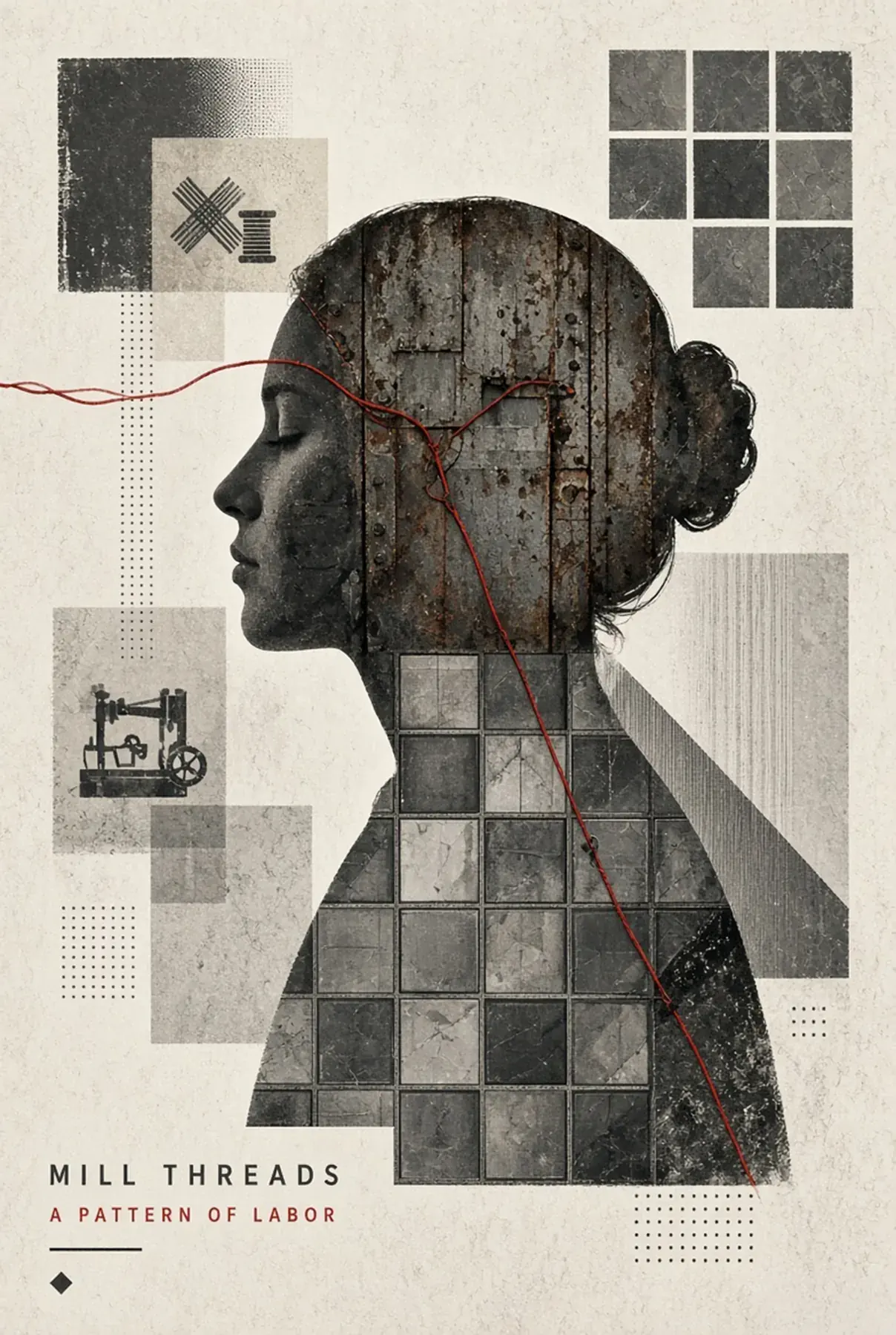 Collage de una mujer de perfil hecha con maquinaria de hilandería y cuadrados grises, atravesada por un hilo rojo