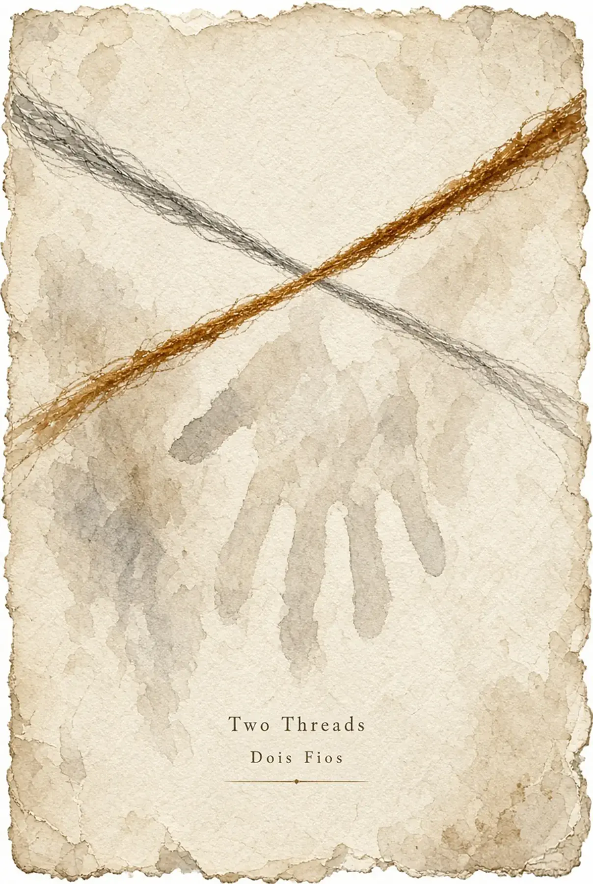 Papel envejecido con un hilo gris y un hilo dorado que cruzan una huella de mano desteñida, con el título Two Threads, Dois Fios