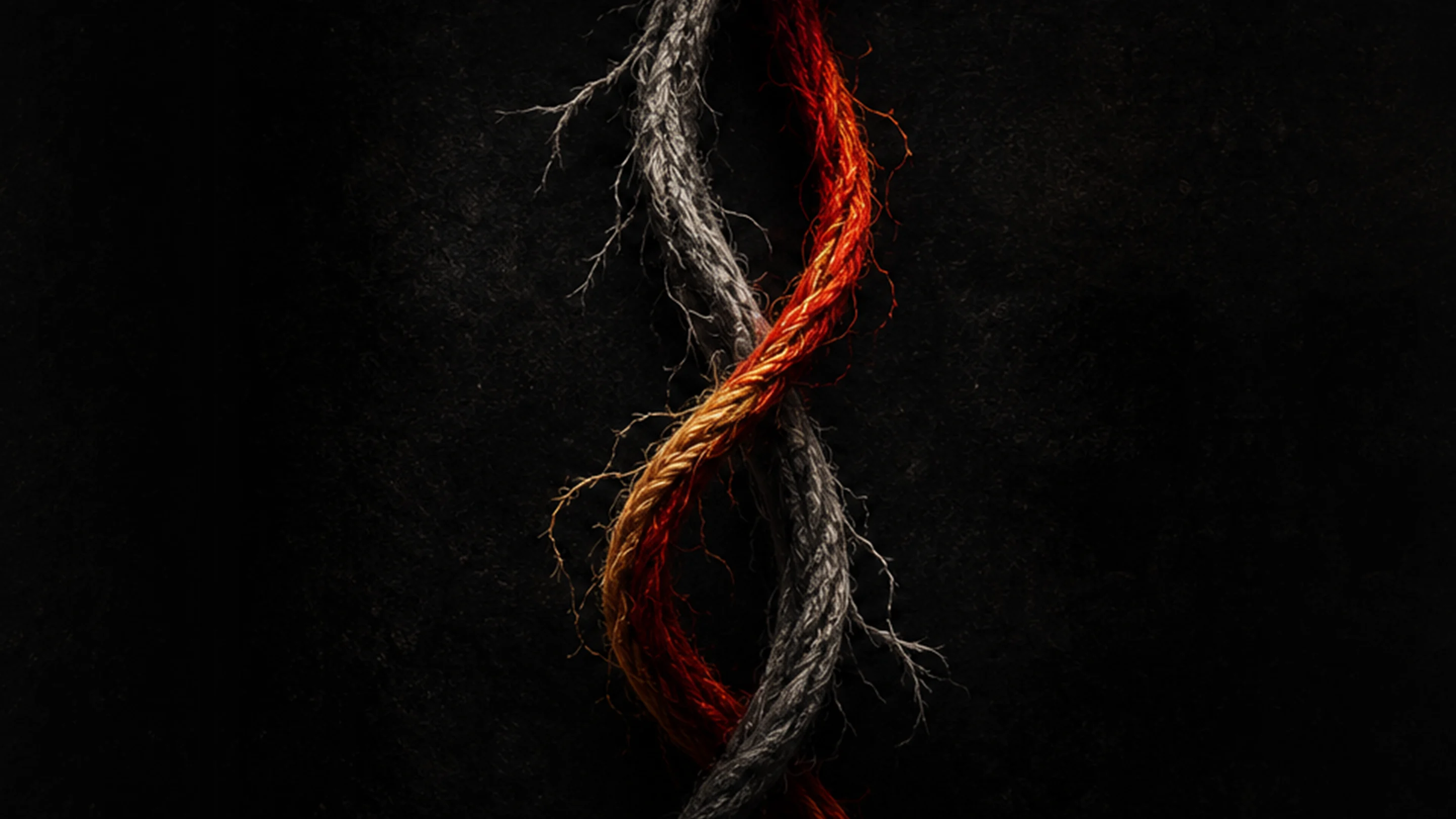 Artwork for Two Threads: a grey thread and a red thread twisting together